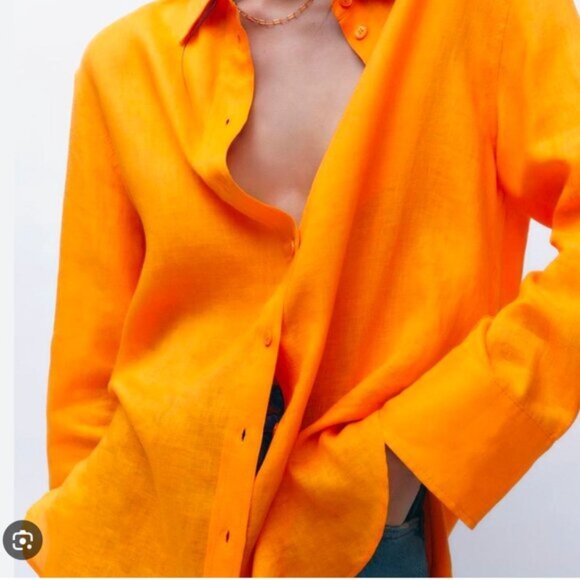 Zara Tops - ZARA Linen Orange Button Down Collared Shirt